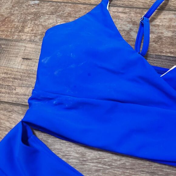 SHEIN Women's Vacation Beach Medium V Royal Blue High Rise Crossover Bikinis Set - Picture 3 of 4